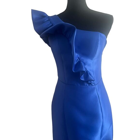 TARIK EDIZ 2 Formal Gown $438 Dress Ruffle One Shoulder Size 2 Royal Blue 50774 - Picture 4 of 10